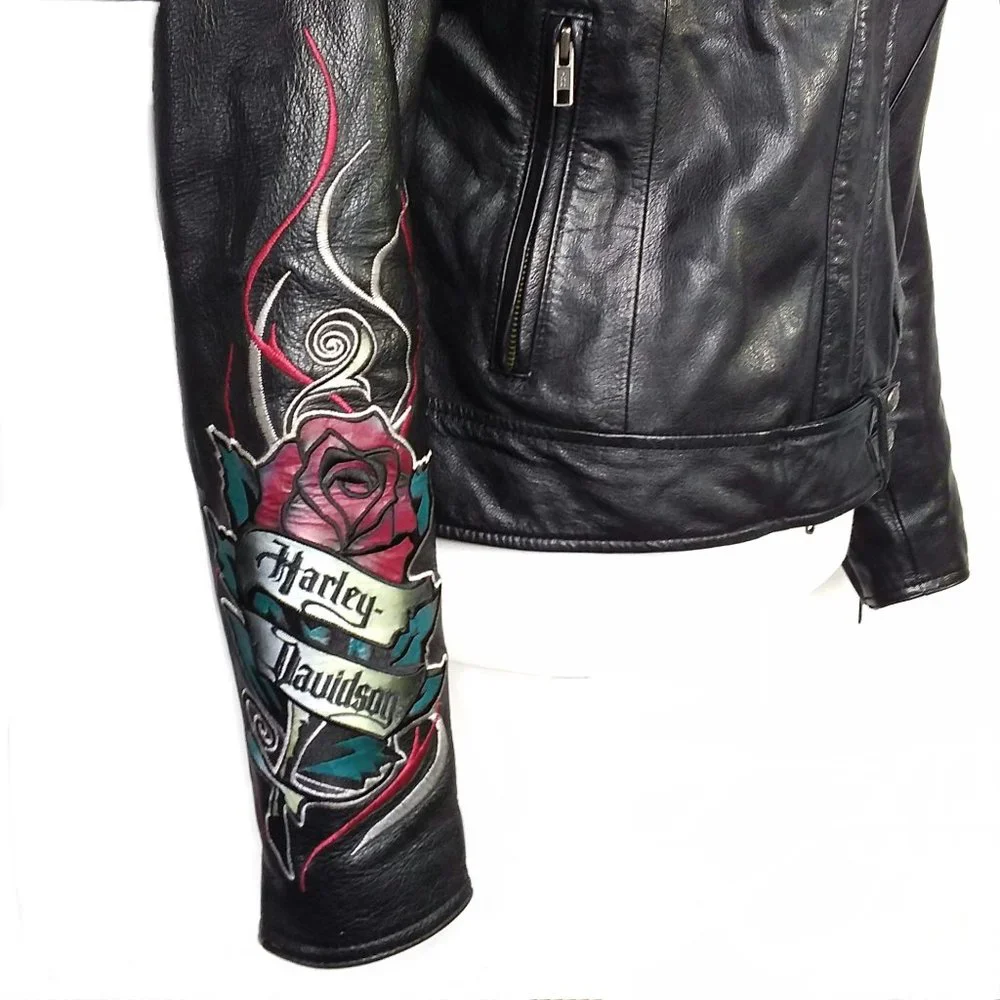 Harley Davidson Black Leather Moto Jacket Embroidered Logo Rose Size Medium - Picture 6 of 12